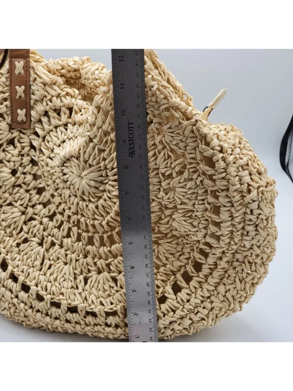Boho Woven Straw Tote Bag With Faux Leather Straps And Zippered - Picture 13 of 13